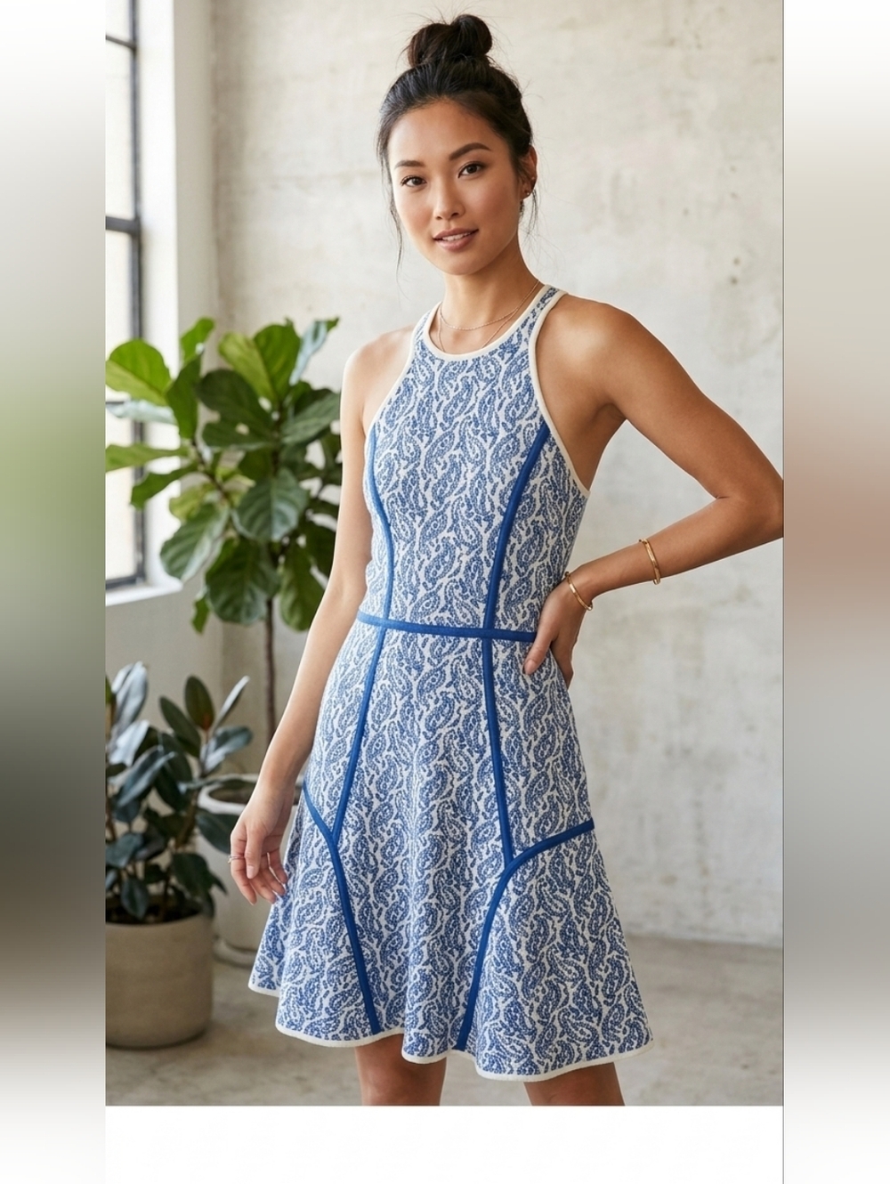 Yigal Azrouel Marino Wool Silk Dress Size Large Blue Knit Paisley Racerback NWT